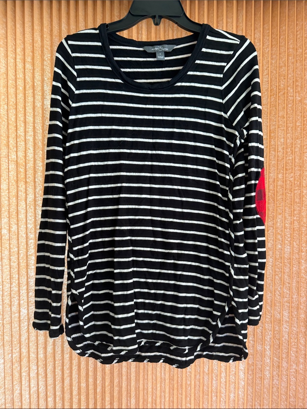 Market & Spruce Black & White Striped Long-Sleeve Top w/Red Elbow Patch Size S